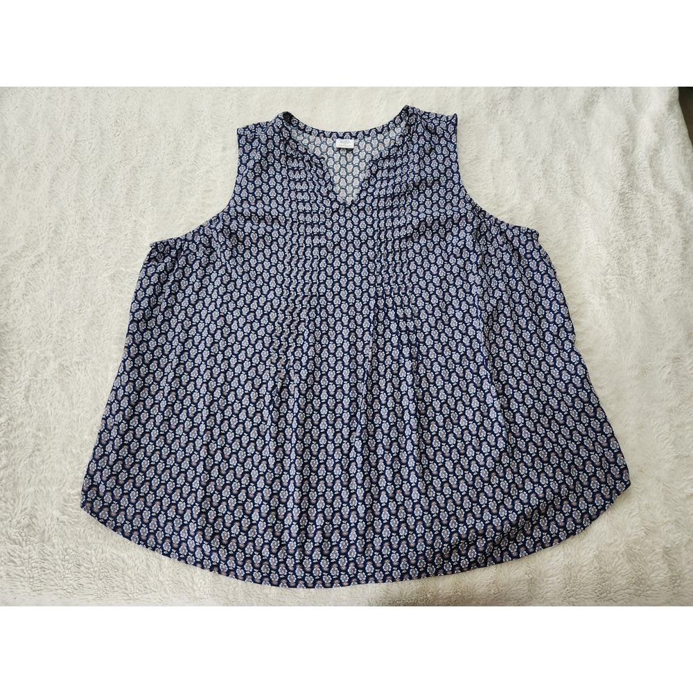 Croft & Barrow Womens 3X Tank Top Navy Blue Floral V-Neck Pleated Sleeveless...